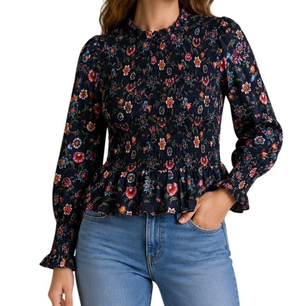 Pink City Prints Navy Long Sleeve Ruffle Floral Smocked Peplum Blouse XS